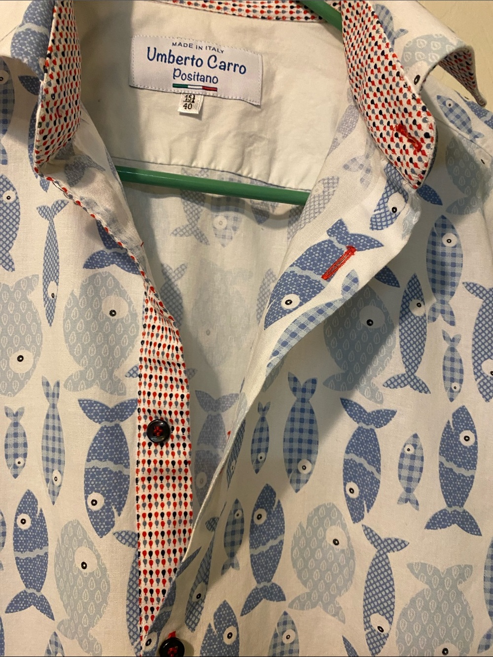 Blue Fish Print Casual Button-Down 100% Cotton Shirt